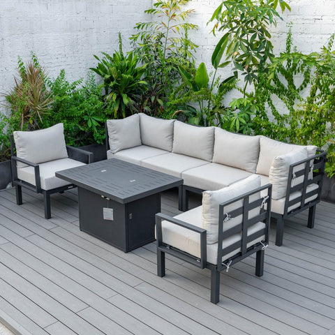 Chelsea 7-Piece Patio Sectional Set in Black Aluminum with Fire Pit Table