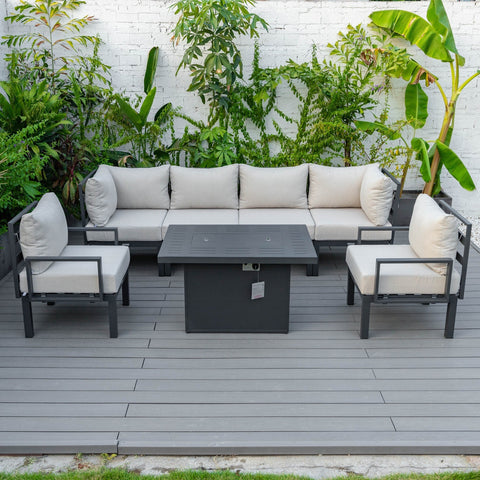 Chelsea 7-Piece Patio Sectional Set in Black Aluminum with Fire Pit Table