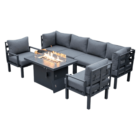 Chelsea 7-Piece Patio Sectional Set in Black Aluminum with Fire Pit Table