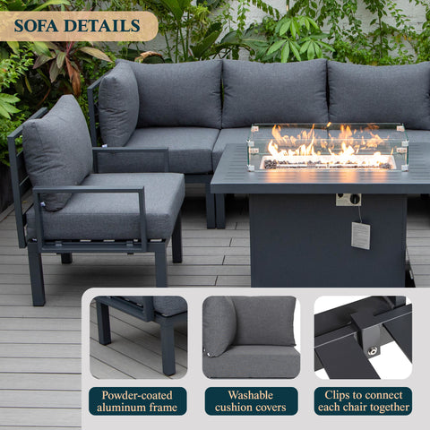 Chelsea 7-Piece Patio Sectional Set in Black Aluminum with Fire Pit Table