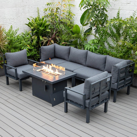 Chelsea 7-Piece Patio Sectional Set in Black Aluminum with Fire Pit Table