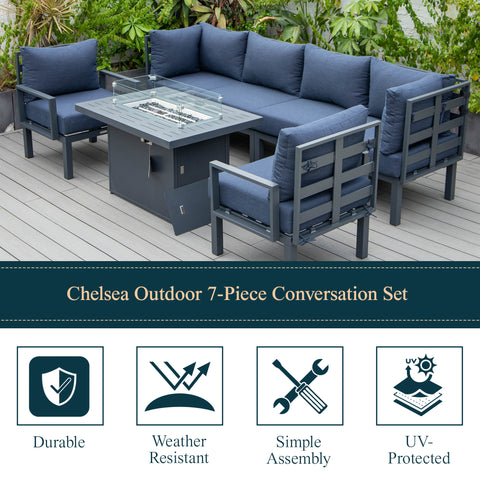 Chelsea 7-Piece Patio Sectional Set in Black Aluminum with Fire Pit Table