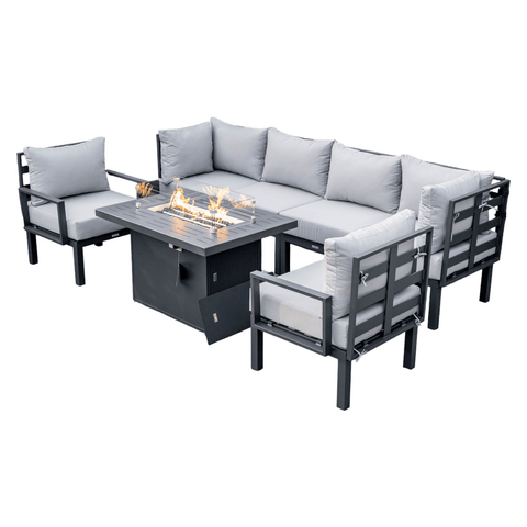 Chelsea 7-Piece Patio Sectional Set in Black Aluminum with Fire Pit Table
