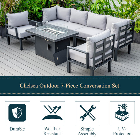 Chelsea 7-Piece Patio Sectional Set in Black Aluminum with Fire Pit Table