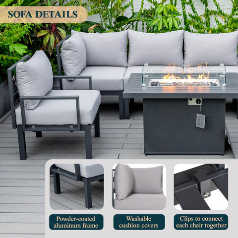 Chelsea 7-Piece Patio Sectional Set in Black Aluminum with Fire Pit Table