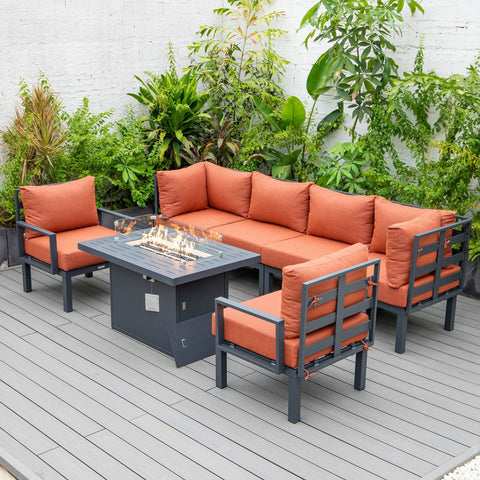 Chelsea 7-Piece Patio Sectional Set in Black Aluminum with Fire Pit Table