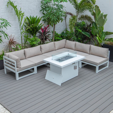 Chelsea 7-Piece Patio Sectional And Fire Pit Table In White Aluminum With Cushions