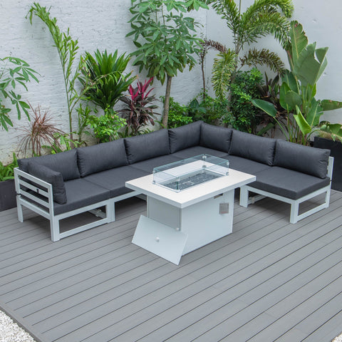 Chelsea 7-Piece Patio Sectional And Fire Pit Table In White Aluminum With Cushions