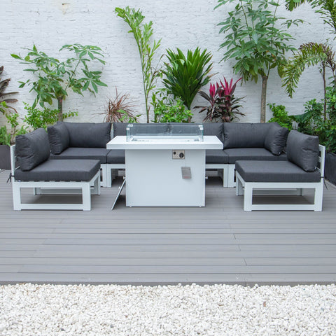 Chelsea 7-Piece Patio Sectional And Fire Pit Table In White Aluminum With Cushions