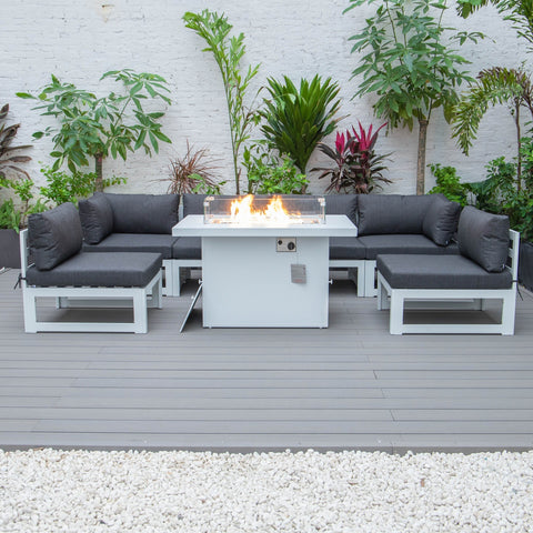 Chelsea 7-Piece Patio Sectional And Fire Pit Table In White Aluminum With Cushions