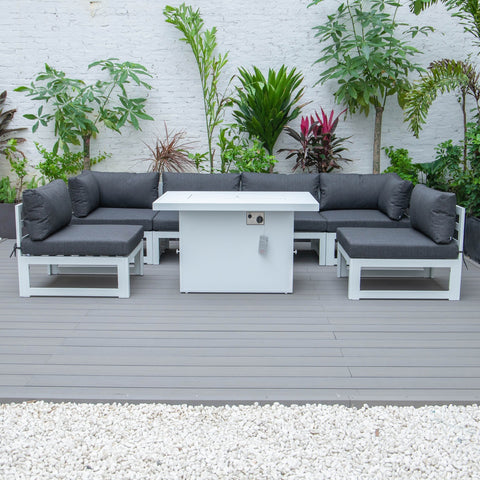 Chelsea 7-Piece Patio Sectional And Fire Pit Table In White Aluminum With Cushions