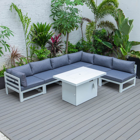 Chelsea 7-Piece Patio Sectional And Fire Pit Table In White Aluminum With Cushions