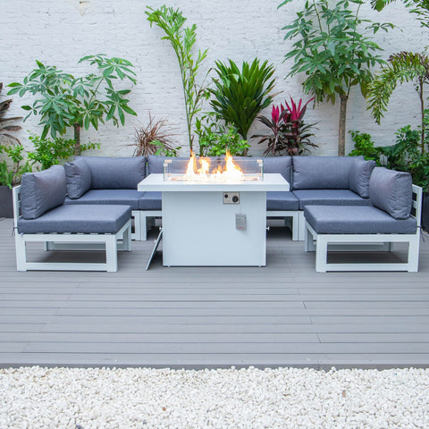 Chelsea 7-Piece Patio Sectional And Fire Pit Table In White Aluminum With Cushions