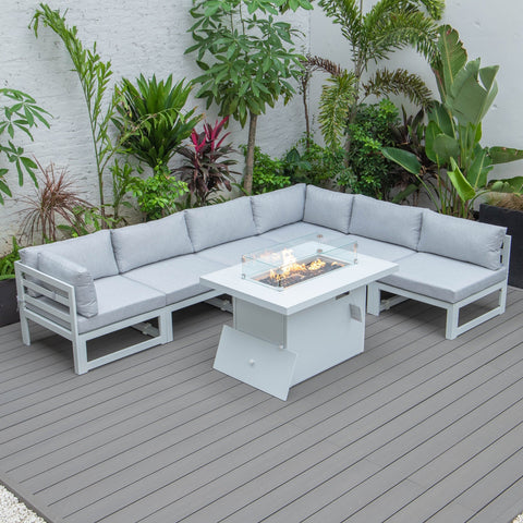 Chelsea 7-Piece Patio Sectional And Fire Pit Table In White Aluminum With Cushions