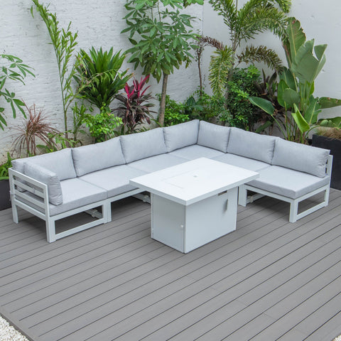 Chelsea 7-Piece Patio Sectional And Fire Pit Table In White Aluminum With Cushions