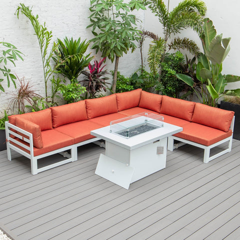 Chelsea 7-Piece Patio Sectional And Fire Pit Table In White Aluminum With Cushions