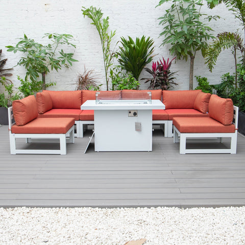 Chelsea 7-Piece Patio Sectional And Fire Pit Table In White Aluminum With Cushions