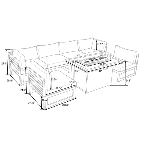 Chelsea 7-Piece Patio Sectional And Fire Pit Table In White Aluminum With Cushions