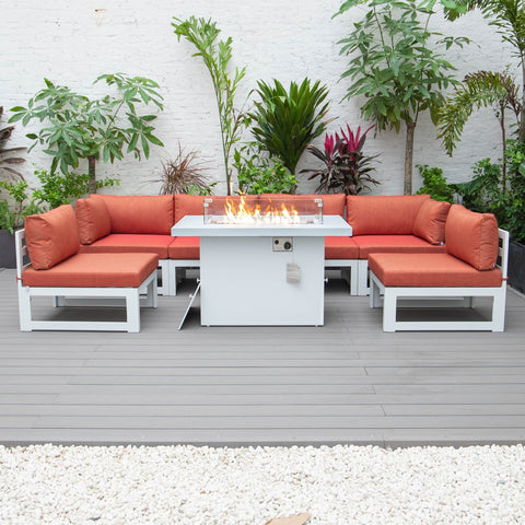 Chelsea 7-Piece Patio Sectional And Fire Pit Table In White Aluminum With Cushions