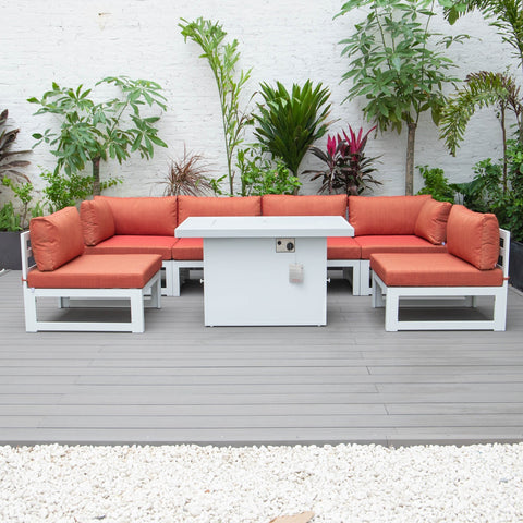 Chelsea 7-Piece Patio Sectional And Fire Pit Table In White Aluminum With Cushions