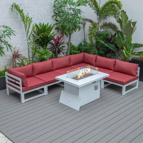 Chelsea 7-Piece Patio Sectional And Fire Pit Table In White Aluminum With Cushions