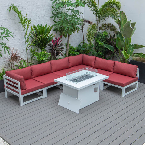 Chelsea 7-Piece Patio Sectional And Fire Pit Table In White Aluminum With Cushions