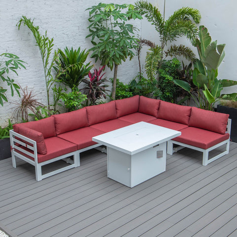 Chelsea 7-Piece Patio Sectional And Fire Pit Table In White Aluminum With Cushions