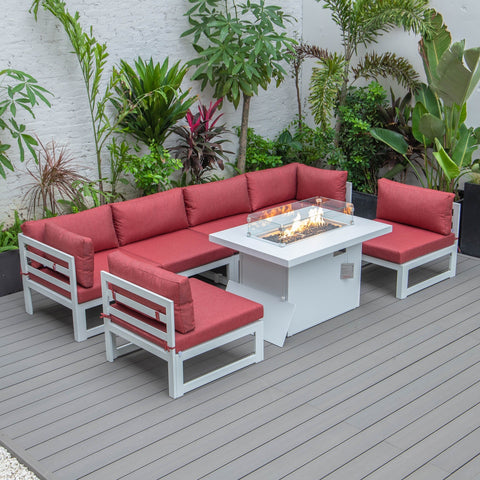 Chelsea 7-Piece Patio Sectional And Fire Pit Table In White Aluminum With Cushions