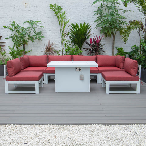 Chelsea 7-Piece Patio Sectional And Fire Pit Table In White Aluminum With Cushions