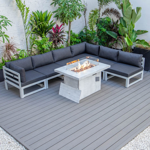 Chelsea 7-Piece Patio Sectional And Fire Pit Table In Weathered Grey Aluminum With Cushions