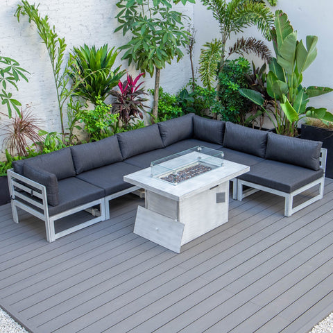 Chelsea 7-Piece Patio Sectional And Fire Pit Table In Weathered Grey Aluminum With Cushions