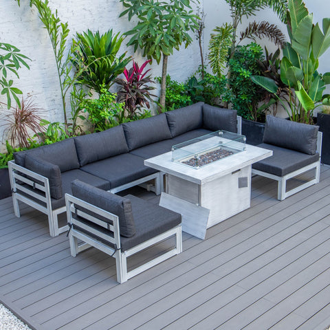 Chelsea 7-Piece Patio Sectional And Fire Pit Table In Weathered Grey Aluminum With Cushions