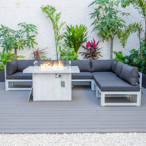 Chelsea 7-Piece Patio Sectional And Fire Pit Table In Weathered Grey Aluminum With Cushions