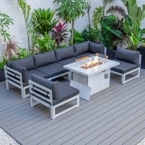 Chelsea 7-Piece Patio Sectional And Fire Pit Table In Weathered Grey Aluminum With Cushions