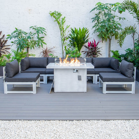 Chelsea 7-Piece Patio Sectional And Fire Pit Table In Weathered Grey Aluminum With Cushions