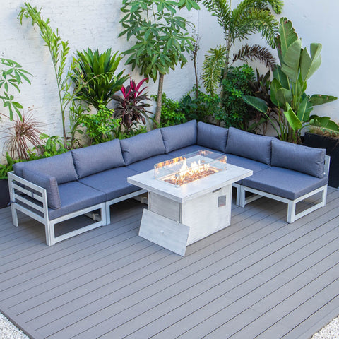 Chelsea 7-Piece Patio Sectional And Fire Pit Table In Weathered Grey Aluminum With Cushions