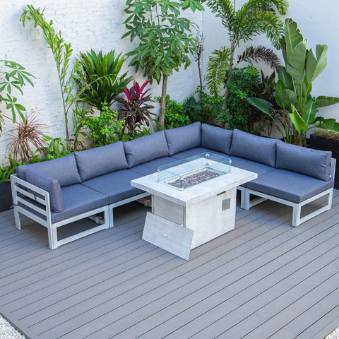 Chelsea 7-Piece Patio Sectional And Fire Pit Table In Weathered Grey Aluminum With Cushions