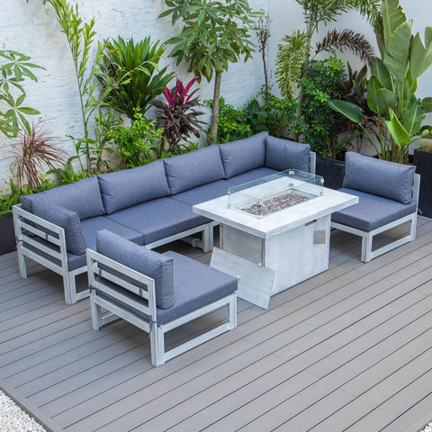 Chelsea 7-Piece Patio Sectional And Fire Pit Table In Weathered Grey Aluminum With Cushions