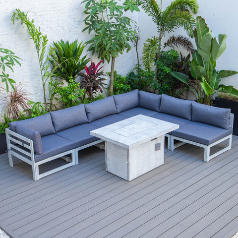 Chelsea 7-Piece Patio Sectional And Fire Pit Table In Weathered Grey Aluminum With Cushions