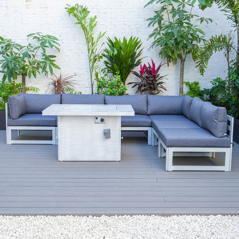 Chelsea 7-Piece Patio Sectional And Fire Pit Table In Weathered Grey Aluminum With Cushions