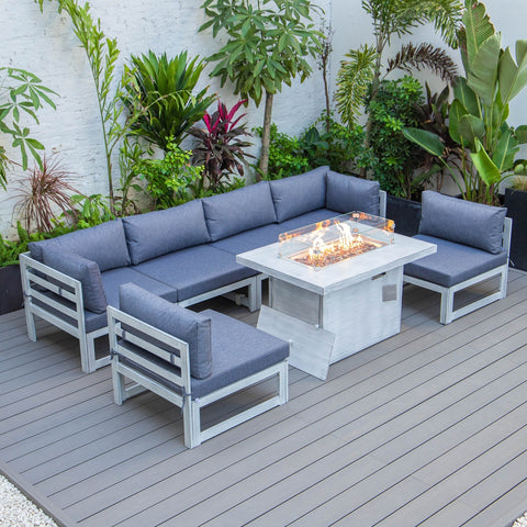 Chelsea 7-Piece Patio Sectional And Fire Pit Table In Weathered Grey Aluminum With Cushions