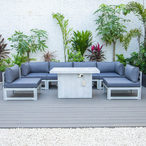 Chelsea 7-Piece Patio Sectional And Fire Pit Table In Weathered Grey Aluminum With Cushions