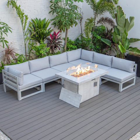 Chelsea 7-Piece Patio Sectional And Fire Pit Table In Weathered Grey Aluminum With Cushions