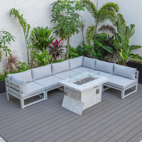 Chelsea 7-Piece Patio Sectional And Fire Pit Table In Weathered Grey Aluminum With Cushions