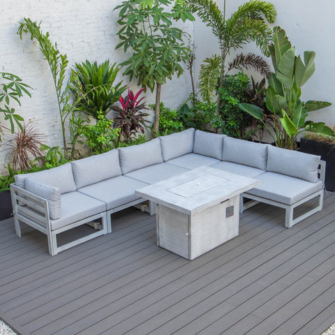 Chelsea 7-Piece Patio Sectional And Fire Pit Table In Weathered Grey Aluminum With Cushions