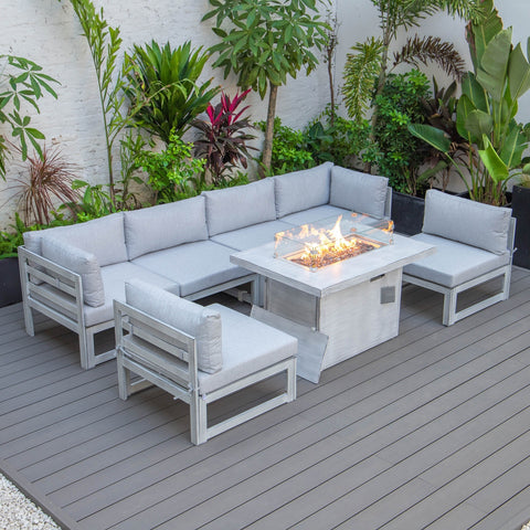 Chelsea 7-Piece Patio Sectional And Fire Pit Table In Weathered Grey Aluminum With Cushions