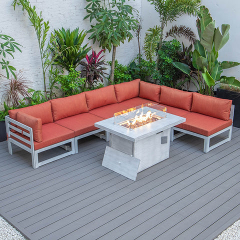 Chelsea 7-Piece Patio Sectional And Fire Pit Table In Weathered Grey Aluminum With Cushions