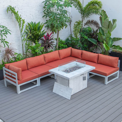 Chelsea 7-Piece Patio Sectional And Fire Pit Table In Weathered Grey Aluminum With Cushions