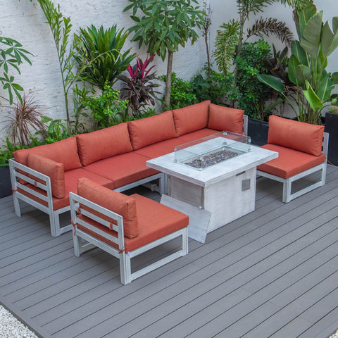 Chelsea 7-Piece Patio Sectional And Fire Pit Table In Weathered Grey Aluminum With Cushions