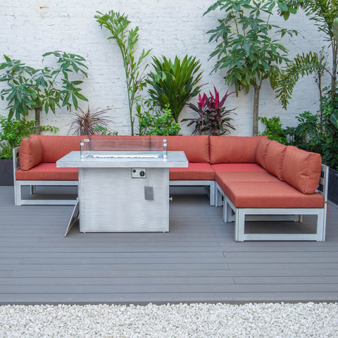 Chelsea 7-Piece Patio Sectional And Fire Pit Table In Weathered Grey Aluminum With Cushions